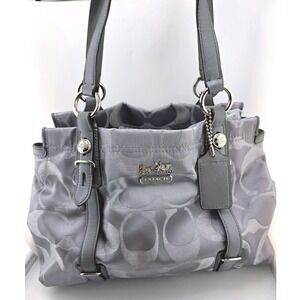 Coach Madison Mia Signature Carryall Shoulder Bag - Metallic Silver Gray Maroon
